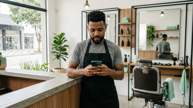 Dono de barbearia no balcão configurando o perfil do Google pelo celular