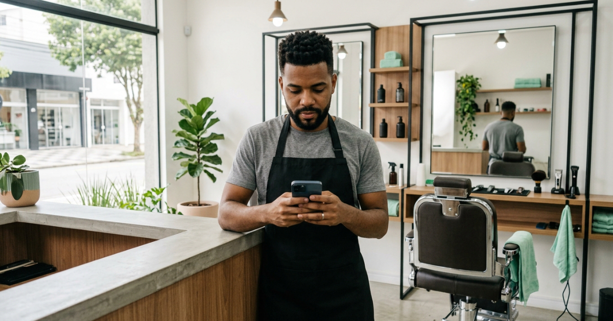 Dono de barbearia no balcão configurando o perfil do Google pelo celular