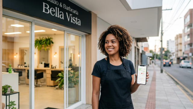 Dona de salão de beleza segurando o celular com o mapa aberto na tela, na porta do salão