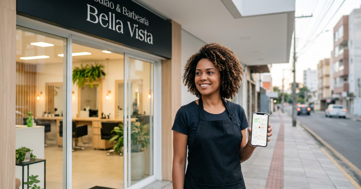 Dona de salão de beleza segurando o celular com o mapa aberto na tela, na porta do salão