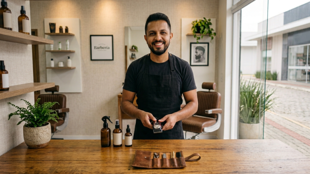 Barbeiro organizando a bancada da barbearia nova antes da inauguração