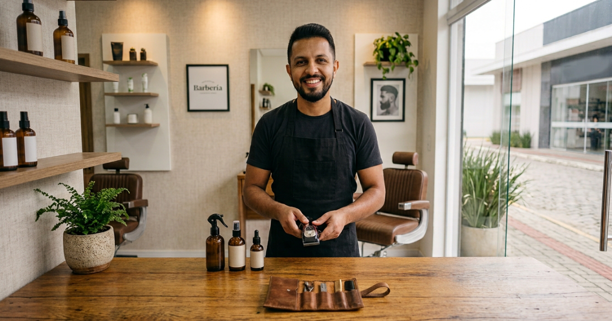 Barbeiro organizando a bancada da barbearia nova antes da inauguração