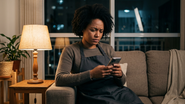 Dona de salão sentada no sofá à noite digitando mensagens no celular