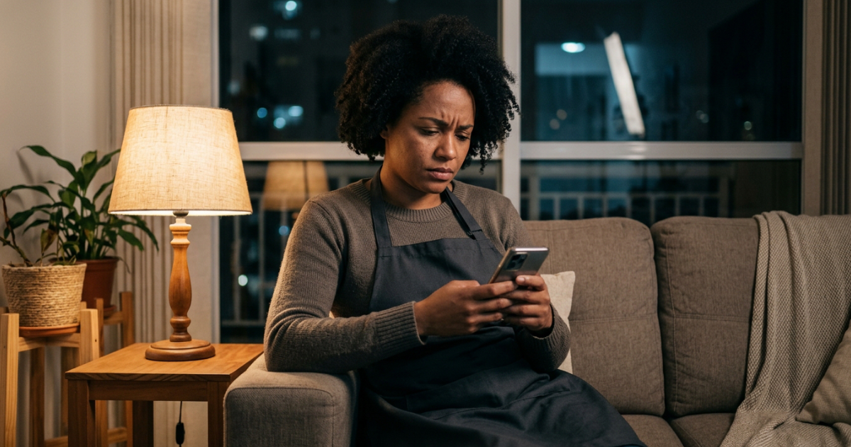 Dona de salão sentada no sofá à noite digitando mensagens no celular