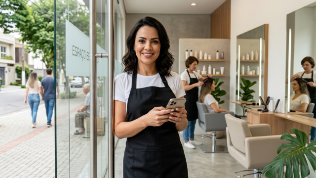 Dona de salão de beleza na porta do salão, sorrindo, com o celular na mão em uma manhã de bairro
