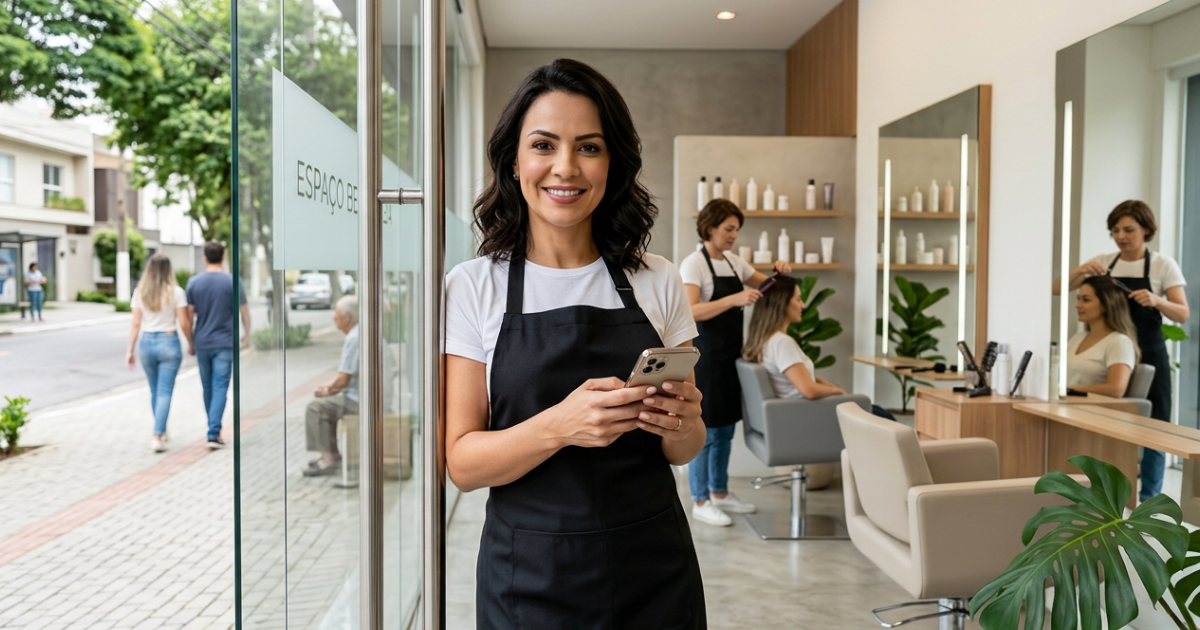 Dona de salão de beleza na porta do salão, sorrindo, com o celular na mão em uma manhã de bairro
